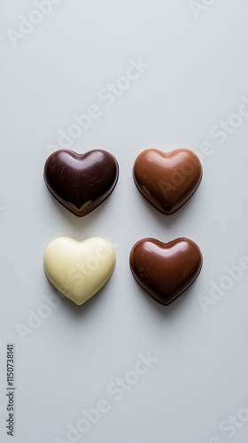 Trio of Heart-Shaped Chocolates on Clean Surface