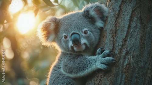 Cute koala clings to a tree as sunlight filters through the leaves during a s...