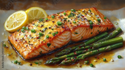 Grilled salmon served with asparagus and lemon garnish on a plate