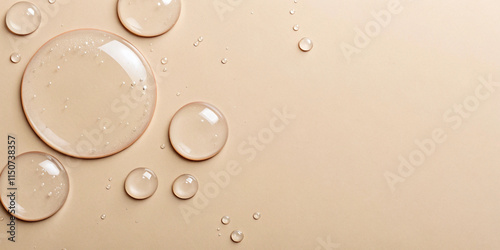 Generative ai. a close-up of a group of water droplets on a beige background. The droplets are of different sizes and shapes, with some being larger and some being smaller