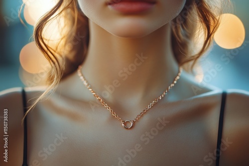Elegant choker adorns womans neck in soft sunlight near a vibrant background