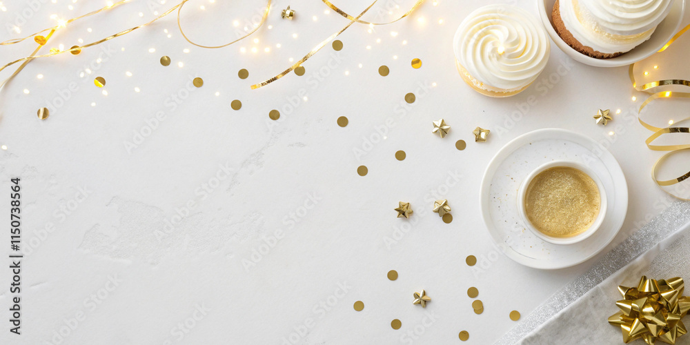 Generative ai. a flat lay of a white background with gold confetti scattered around. On the right side of the image, there is a small white plate with a cup of coffee on it Generative ai. a flat lay of a white background with gold confetti scattered around. On the right side of the image, there is a small white plate with a cup of coffee on it