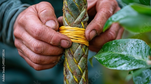 Hands binding a plant with yellow twine in a lush green environment during da...