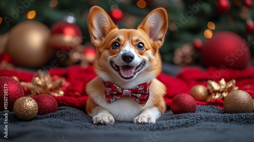 Happy corgi in a festive setting surrounded by decorations and Christmas stoc...