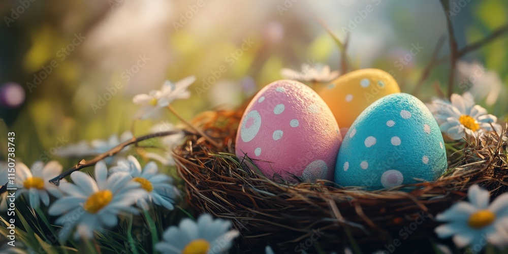 Brightly colored Easter eggs in a nest are nestled among delicate daisies under warm sunlight, creating a festive spring atmosphere. Generative AI