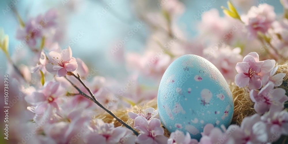A delicate blue egg is surrounded by beautiful pink cherry blossoms, creating a serene spring environment filled with soft light and nature's colors. Generative AI A delicate blue egg is surrounded by beautiful pink cherry blossoms, creating a serene spring environment filled with soft light and nature's colors. Generative AI