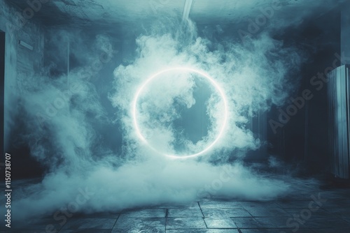 Mysterious glowing moon illuminating a foggy room at night