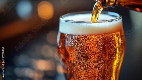 Craft beer being poured into a clear glass on a wooden table