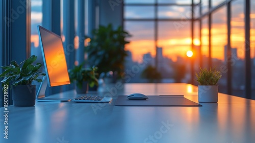 Home workspace with a computer setup during sunset hours creating a cozy atmo...