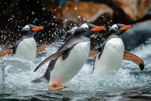Penguins swimming joyfully in clear water at an aquarium during daylight hours