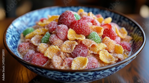 Colorful fruit bowl with berries and cereal prepared for a healthy breakfast