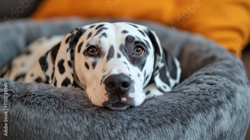 Dalmatian dog relaxing in cozy bed by the fireplace during a calm evening
