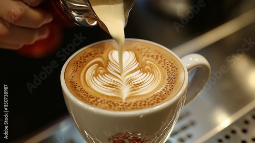 Expert barista creates latte art with intricate design in a cozy cafe setting