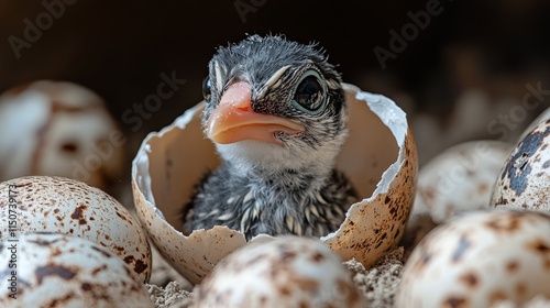 Baby bird hatching from egg in lush green environment during daylight