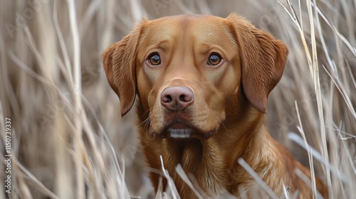 Brown dog peeking through tall grass in a serene outdoor setting during overc...