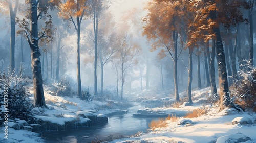 Forest around river in winter
 photo