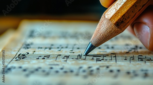 Creating musical notations with a pencil on sheet music for a new composition