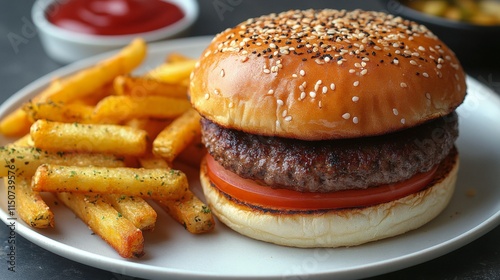 Juicy burger with crispy fries served at a casual dining restaurant during lu...