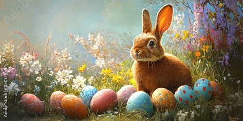 A brown rabbit sits among vibrant Easter eggs in a lush spring garden filled with blooming flowers and soft sunlight. Generative AI