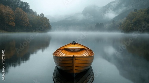 Misty lake in autumn with a solitary yellow boat floating quietly at dawn