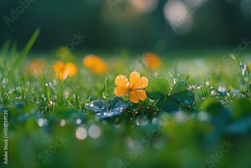 Clover field with white flowers blooming under sunlight in springtime