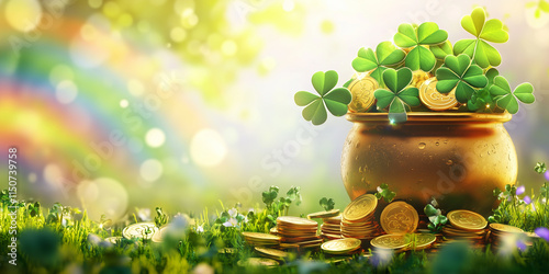 Banner with pot of gold coins, clover leaves, and rainbow.