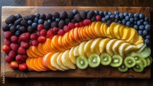 Colorful fruit platter arranged beautifully on a wooden board showcasing fres...