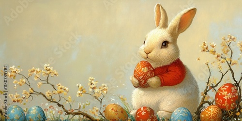 A cheerful white rabbit holds a decorated Easter egg while sitting among vibrant eggs and blossoming flowers in a sunny spring setting. Generative AI