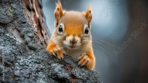 Squirrel perched on a tree bark looking curiously at the camera in a forest s...
