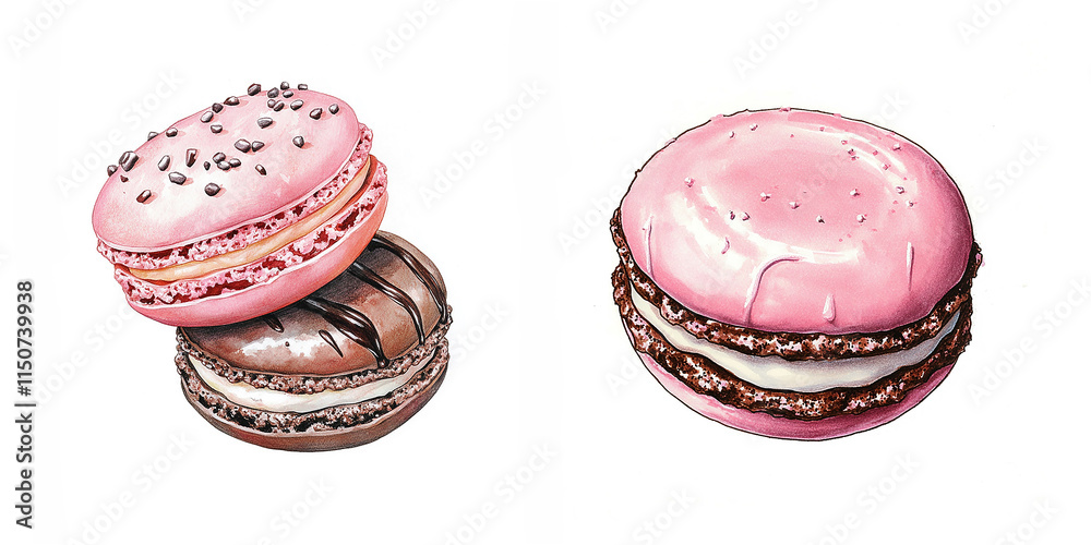 Illustration set of Pink and Chocolate Macarons with Toppings and Cream Filling, Perfect for French Dessert and Patisserie Concepts, Highlighting Sweet Treats and Elegant Bakery Design Illustration set of Pink and Chocolate Macarons with Toppings and Cream Filling, Perfect for French Dessert and Patisserie Concepts, Highlighting Sweet Treats and Elegant Bakery Design