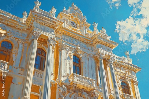 Colorful architectural detail of a historic building under a bright blue sky