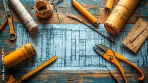 Detailed architectural blueprints with drafting tools on a wooden table