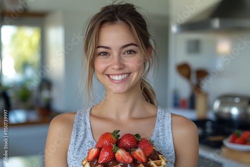 Smiling woman with strawberries and waffles in a bright kitchen during mornin...