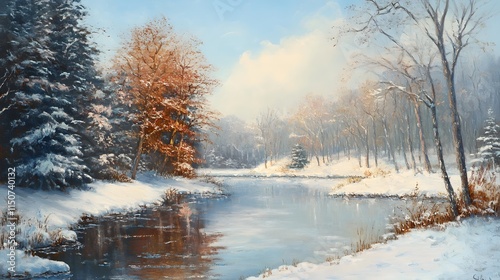 Forest around river in winter
