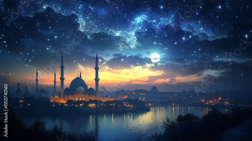 Majestic mosque illuminated at night under a full moon reflecting in water