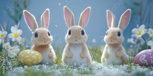 Three fluffy baby rabbits stand together in a vibrant meadow, colorful eggs scattered around them, under a bright, sunny sky adorned with flowers. Generative AI