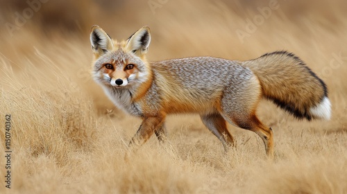 Red fox running through a snowy landscape during winter