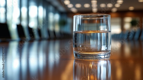 Glass of sparkling water on a wooden table in a conference room during a busi...