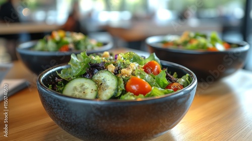 Fresh garden salad with cherry tomatoes and cucumbers served in a black bowl