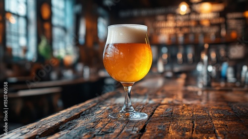 Refreshing cold beer served in a frosty mug on a wooden table at a cozy pub i...