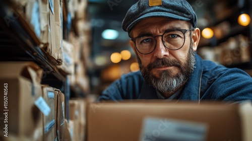 Focused man examining packages in a storage warehouse during evening hours
