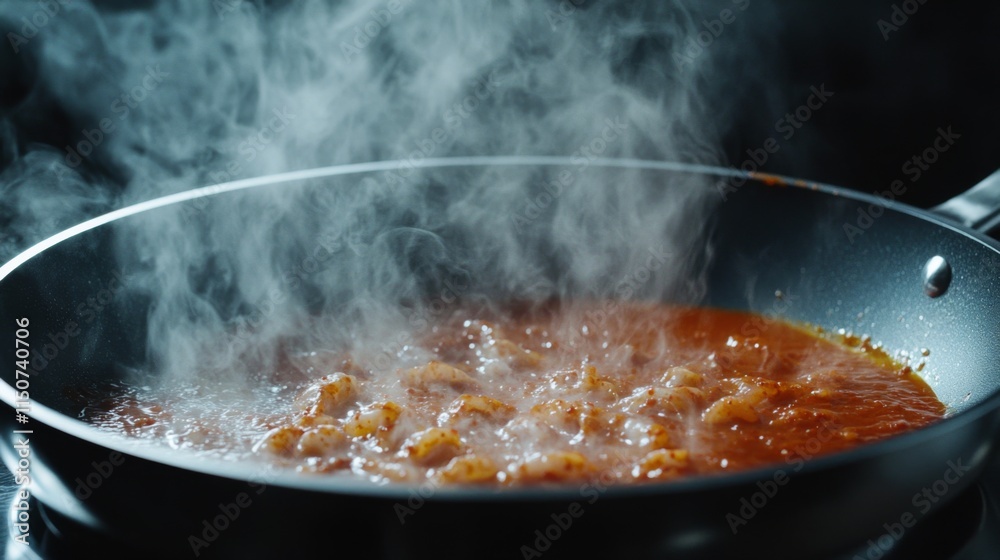 Cooking Shrimp in Spicy Sauce with Steam Rising in Skillet Cooking Shrimp in Spicy Sauce with Steam Rising in Skillet