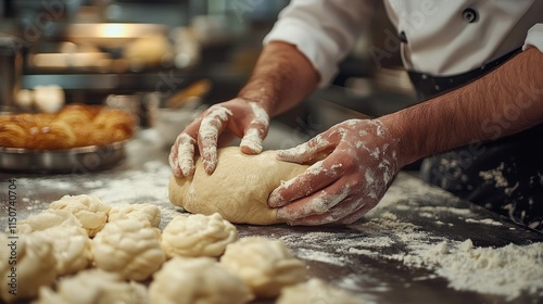 Baker prepares dough in kitchen with flour and bread rolls on the counter