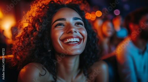 Smiling woman with sunglasses enjoying a lively gathering in the evening sunl...