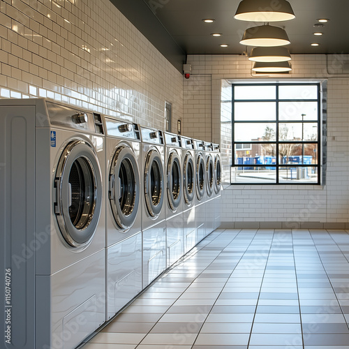 A row of white washers and dryers are lined up in a laundry room. The room is bright and clean, with a window letting in natural light. The washers and dryers are all in use