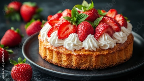 Fresh strawberry shortcake topped with whipped cream on wooden surface
