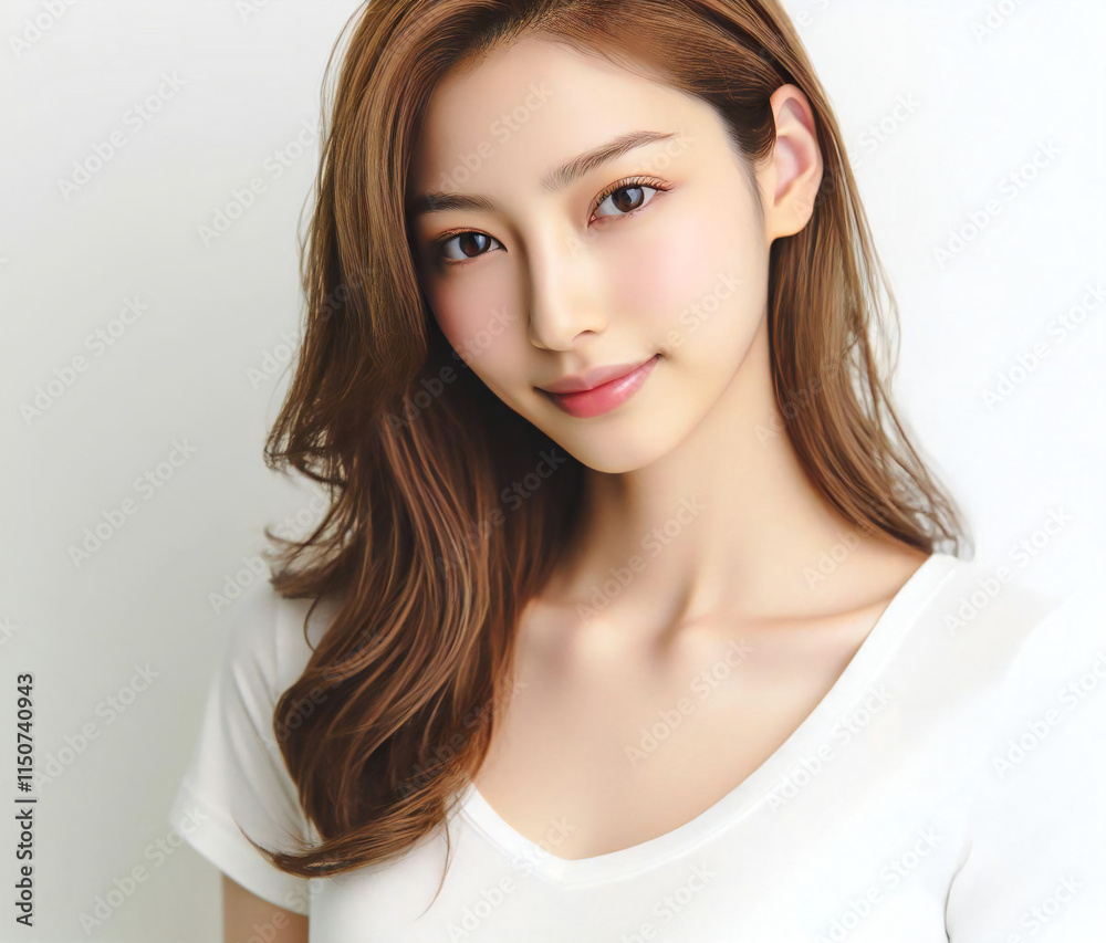 Naklejka premium 白いTシャツの美女 