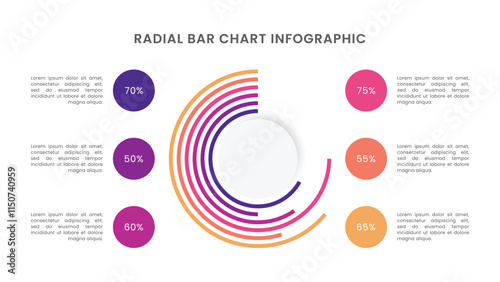Radial bar chart diagram infographic with 6 segments or rings.