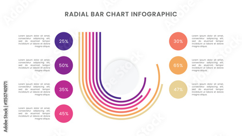 Radial bar chart diagram infographic with 7 segments or rings.