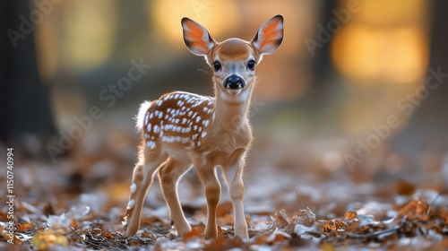 Fawn walking gracefully through autumn forest surrounded by fallen leaves